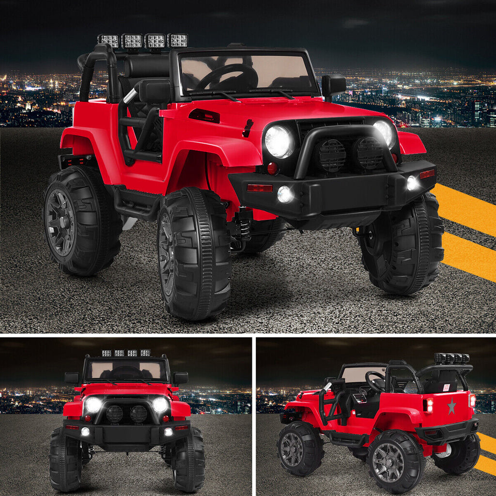 Red 12V Ride On Truck for Kids with Remote Control, MP3 Music, and LED Lights
