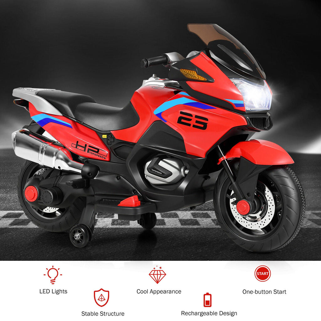 Red Electric Motor Bike for Kids with Training Wheels and Lights - 12V Ride On Motorcycle