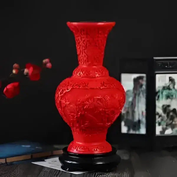 Red lacquerware flower auspicious vase living room dragon carving