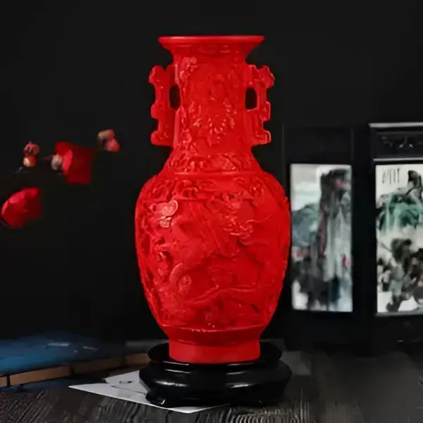 Red lacquerware flower auspicious vase living room dragon carving