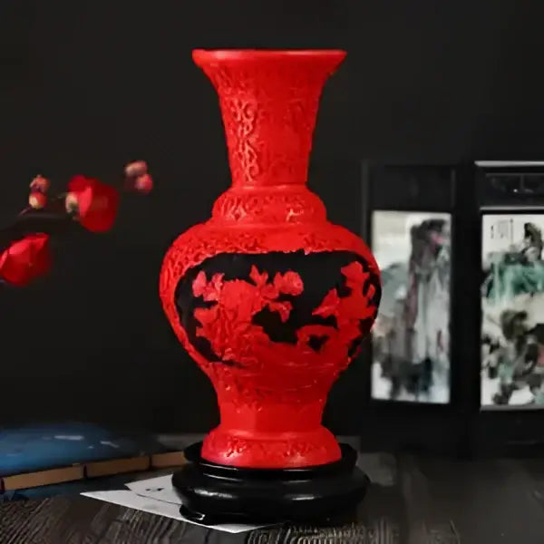 Red lacquerware flower auspicious vase living room dragon carving