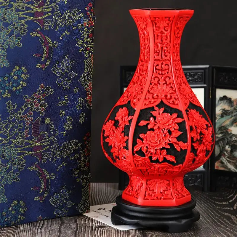 Red lacquerware flower auspicious vase living room dragon carving