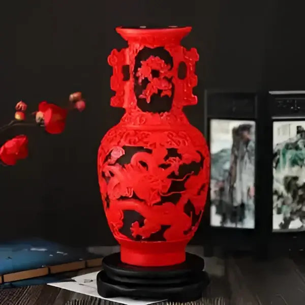 Red lacquerware flower auspicious vase living room dragon carving