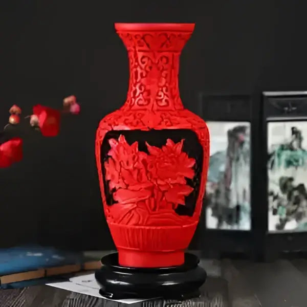 Red lacquerware flower auspicious vase living room dragon carving