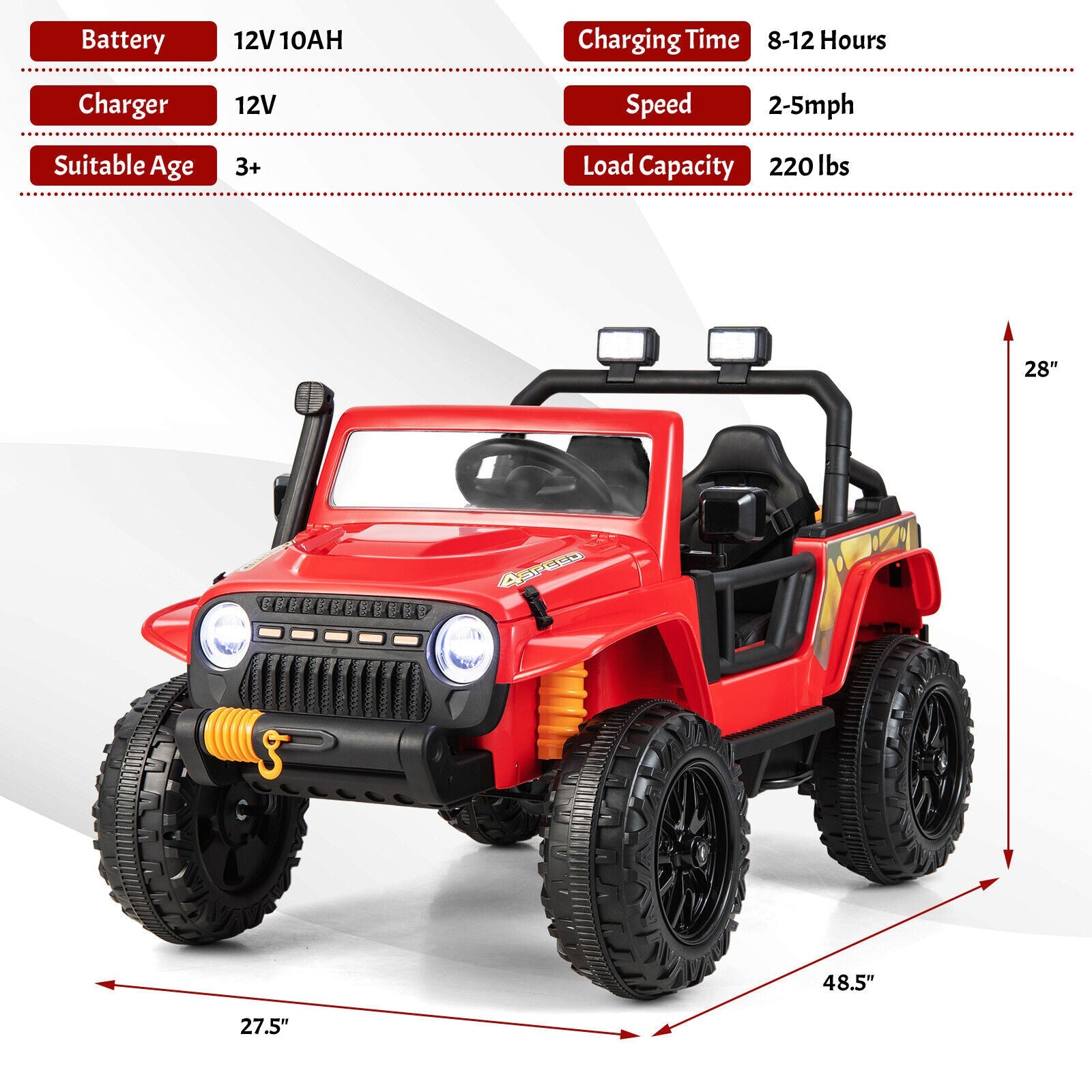 Red Parent-Child Ride On Truck Car with Remote Control, Music, and LED Lights - 12V 10AH