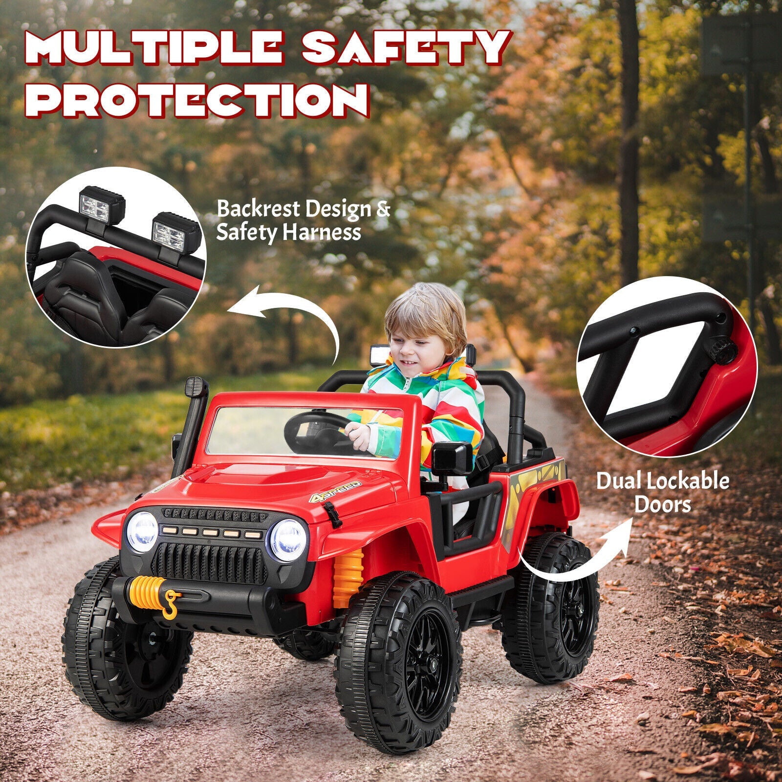 Red Parent-Child Ride On Truck Car with Remote Control, Music, and LED Lights - 12V 10AH