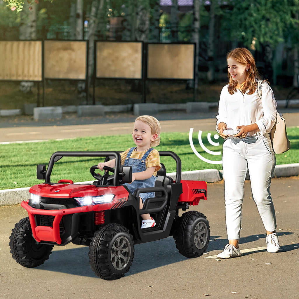 Red Ride-On Dump Truck with Dump Bed, Safety Belt, and Lockable Doors - 12V