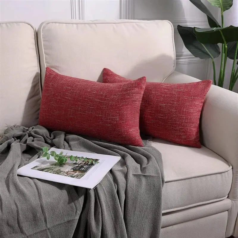 Red textured linen throw pillow covers set of 2 living room decor