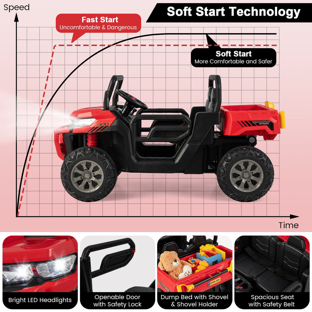 Remote Control Dump Truck with LED Headlights and Rear View Mirrors - 12V Ride-On Toy