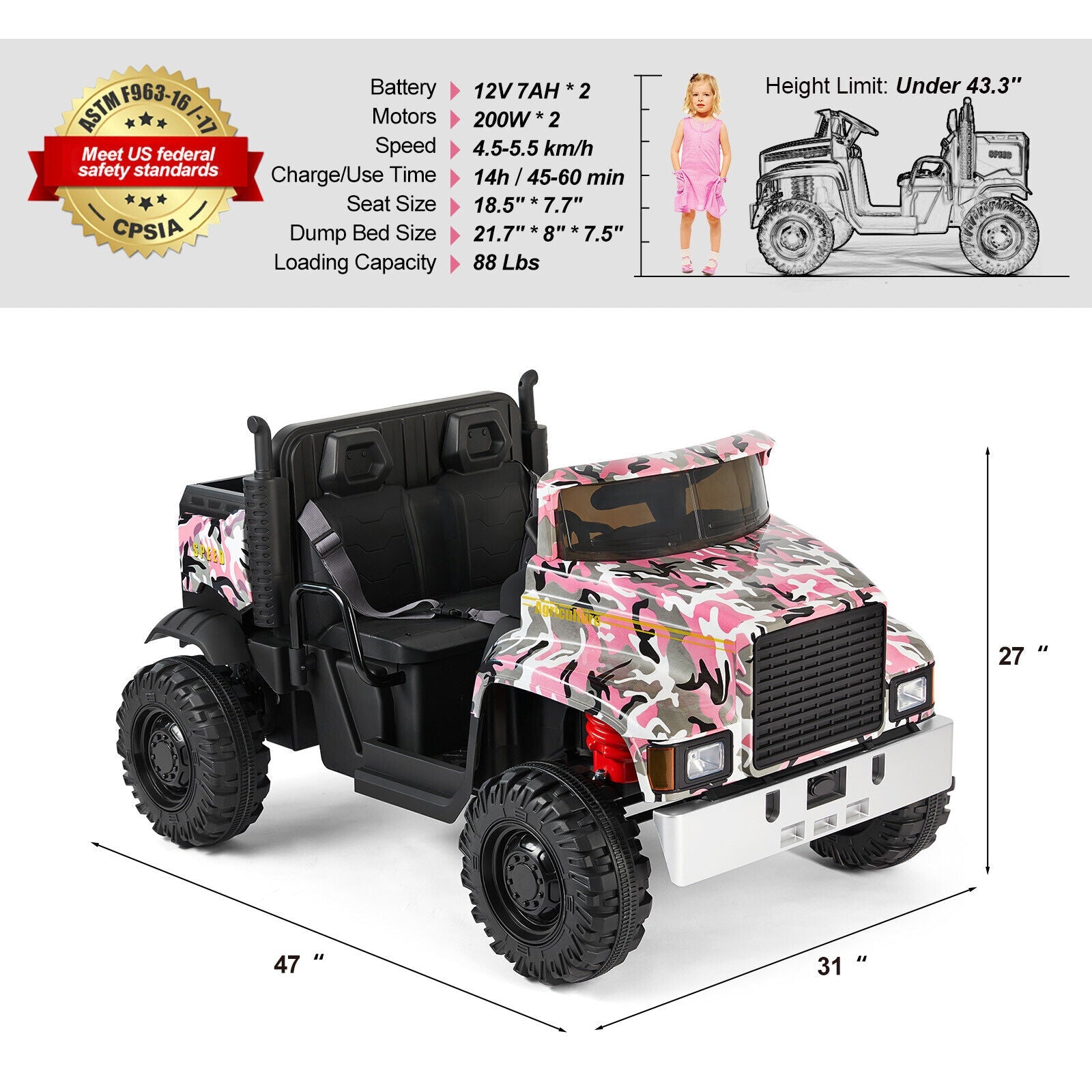 Camo Pink Ride-On Tractor with Trailer, Dump Bed, Bluetooth, and Remote Control - 3 Speed Options