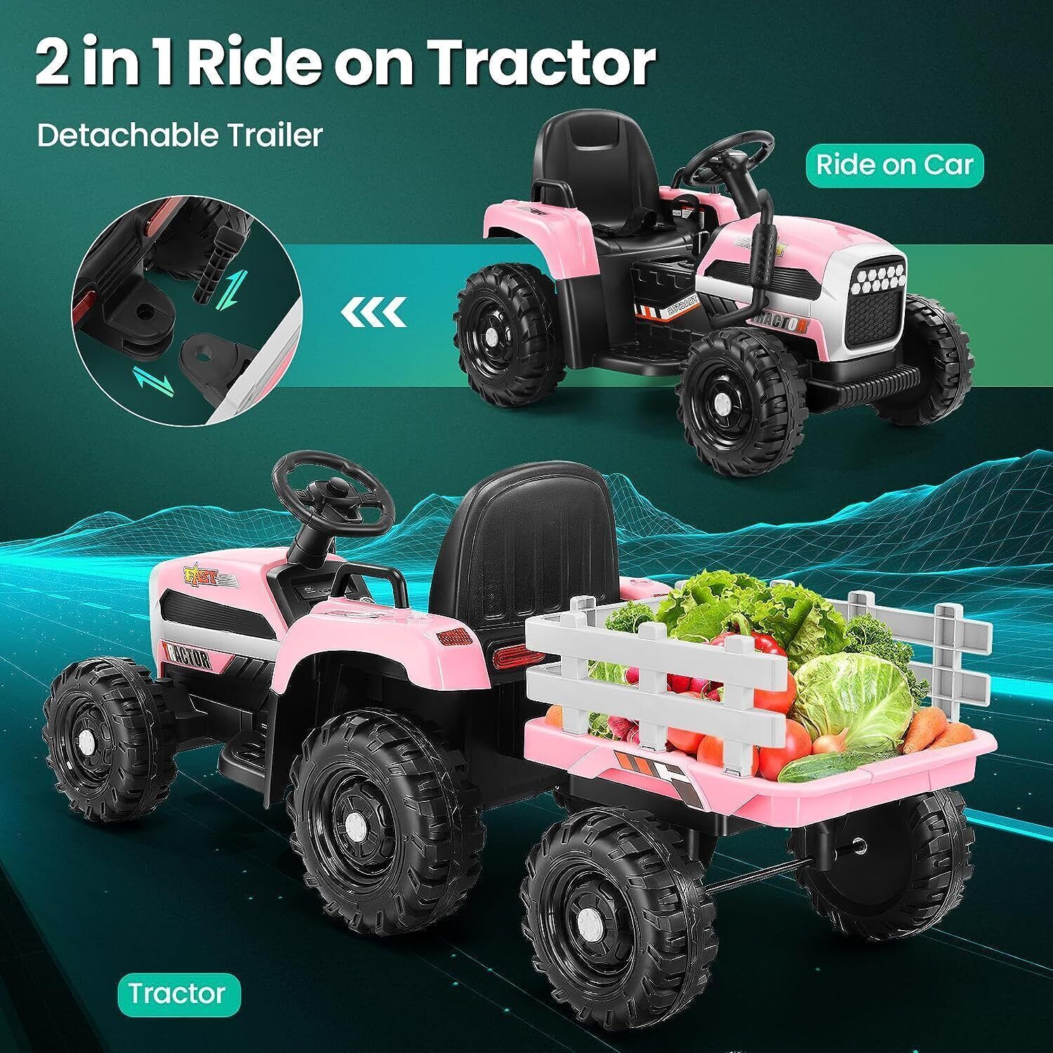 Remote Control Electric Tractor Car with Trailer for Kids - 12V Ride-On Toy