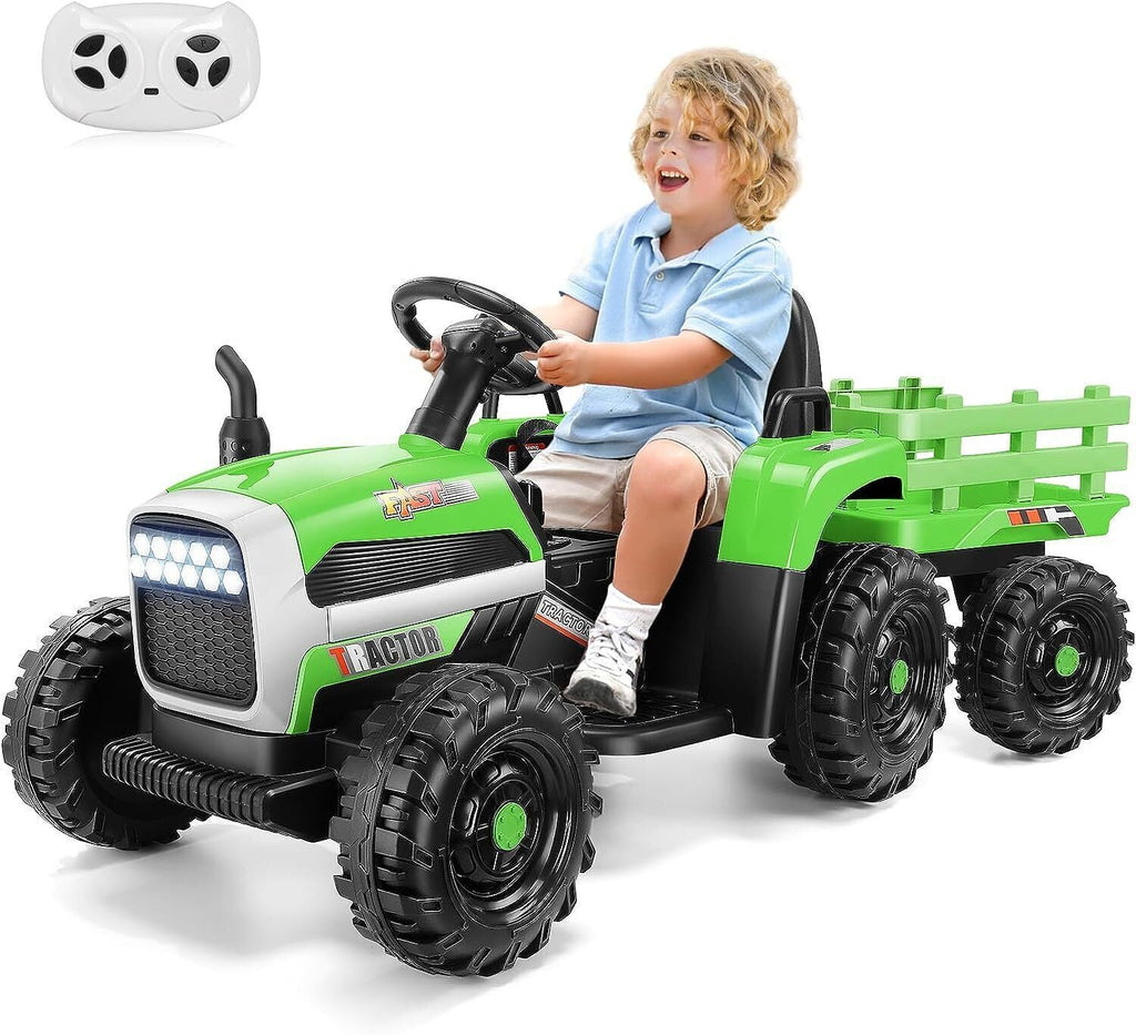 Remote Control Electric Tractor Car with Trailer for Kids - 12V Ride-On Toy