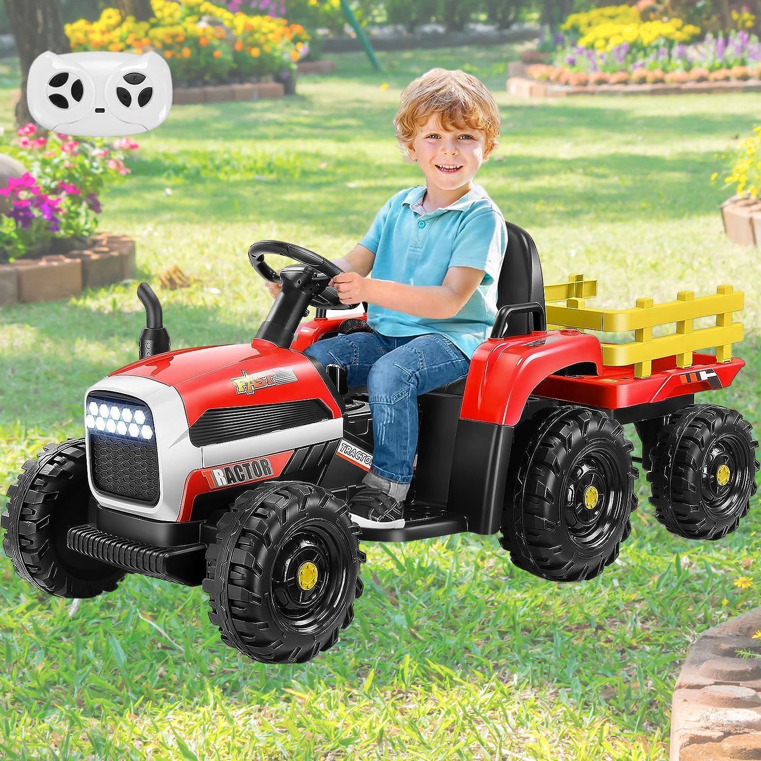 Electric Ride-On Tractor with Trailer for Kids - Remote Controlled Toy Car