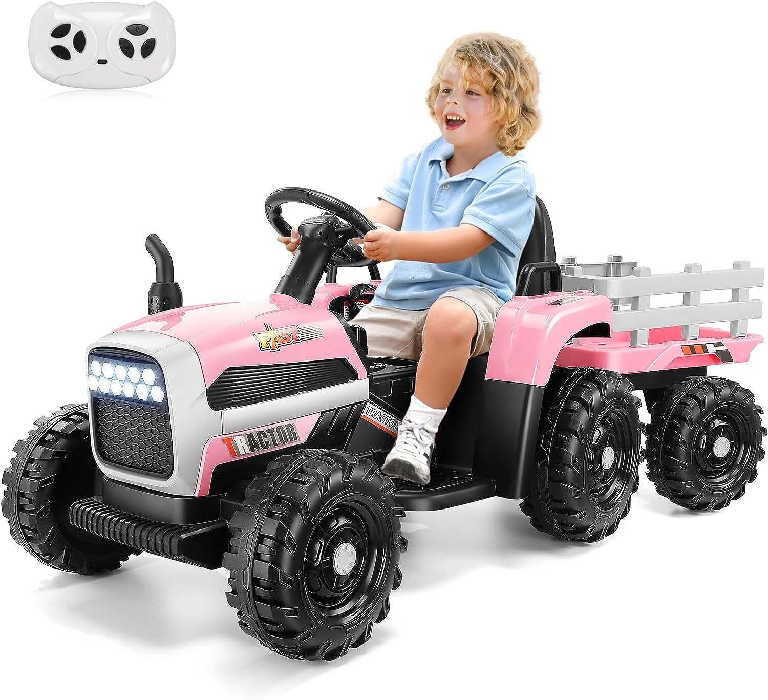 Remote-Controlled 12V Kids Tractor Car with Trailer - Electric Ride-On Toy