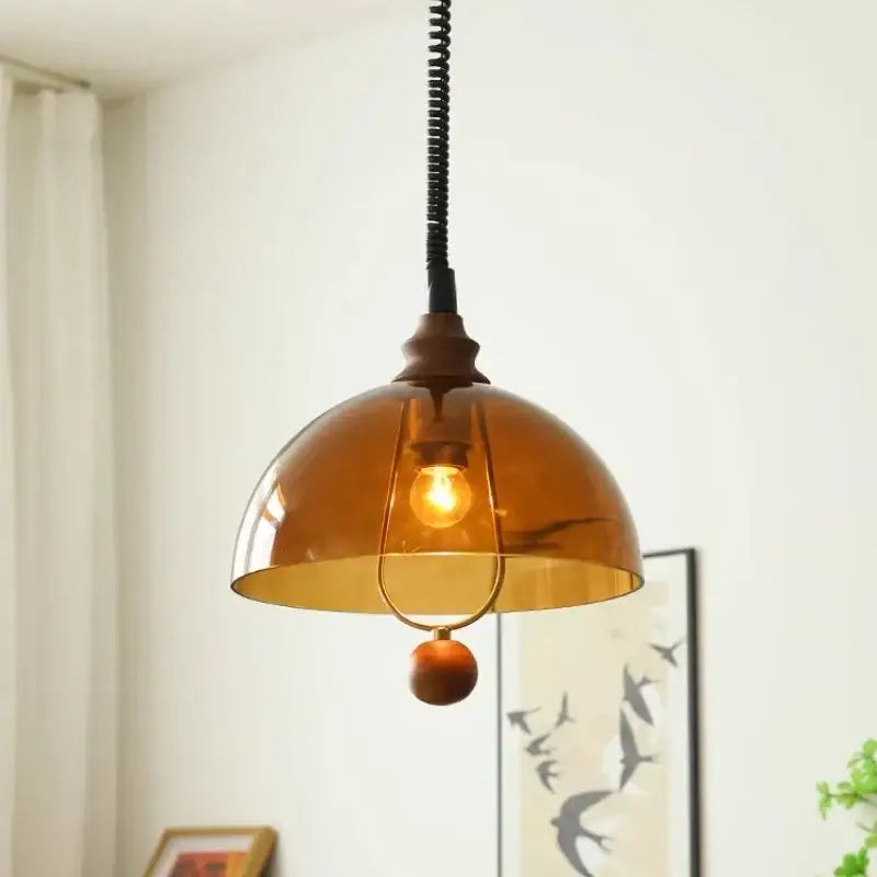 Retro amber glass pendant light dining room wooden accent