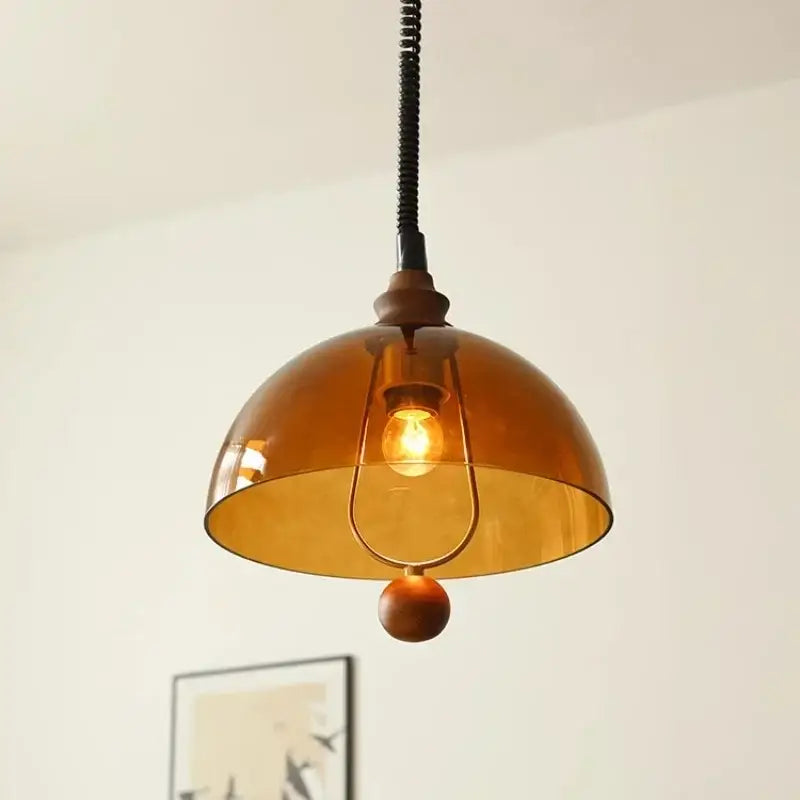 Retro amber glass pendant light dining room wooden accent