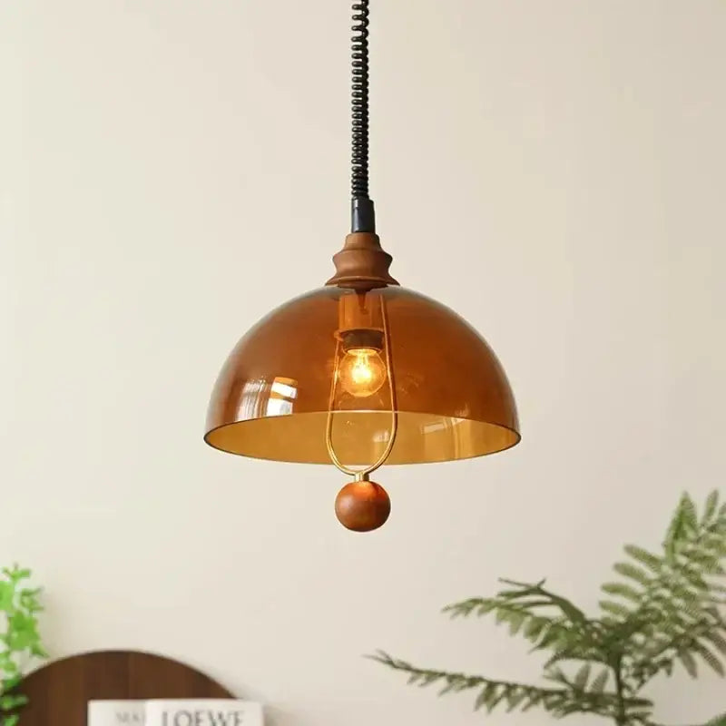 Retro amber glass pendant light dining room wooden accent
