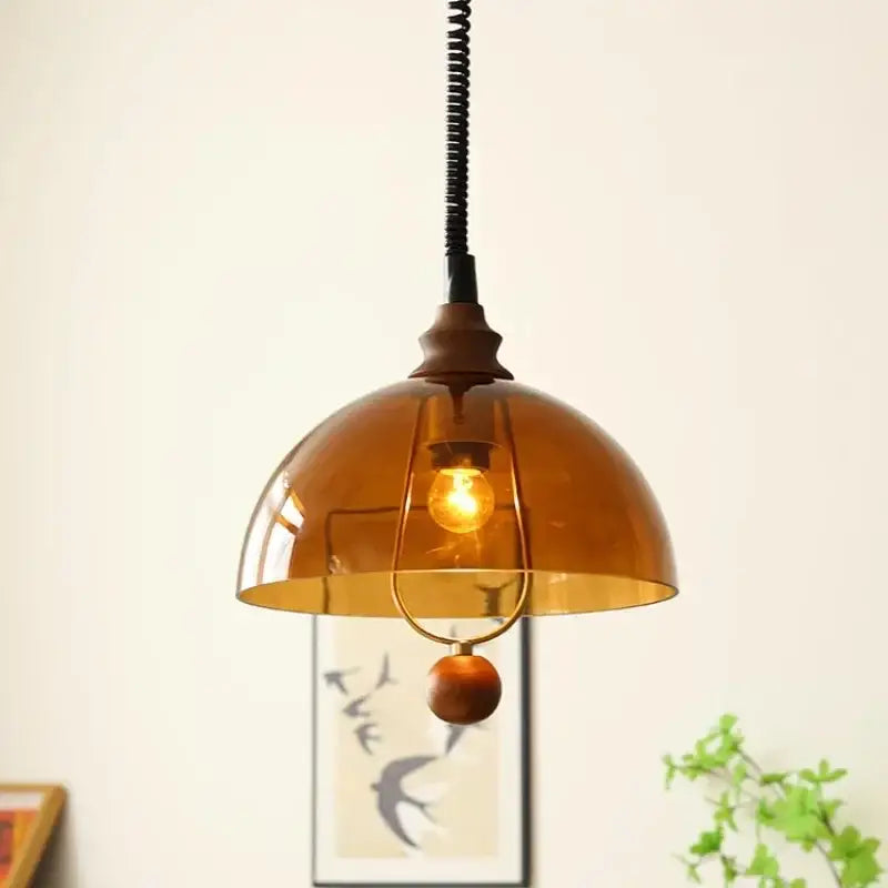 Retro amber glass pendant light dining room wooden accent