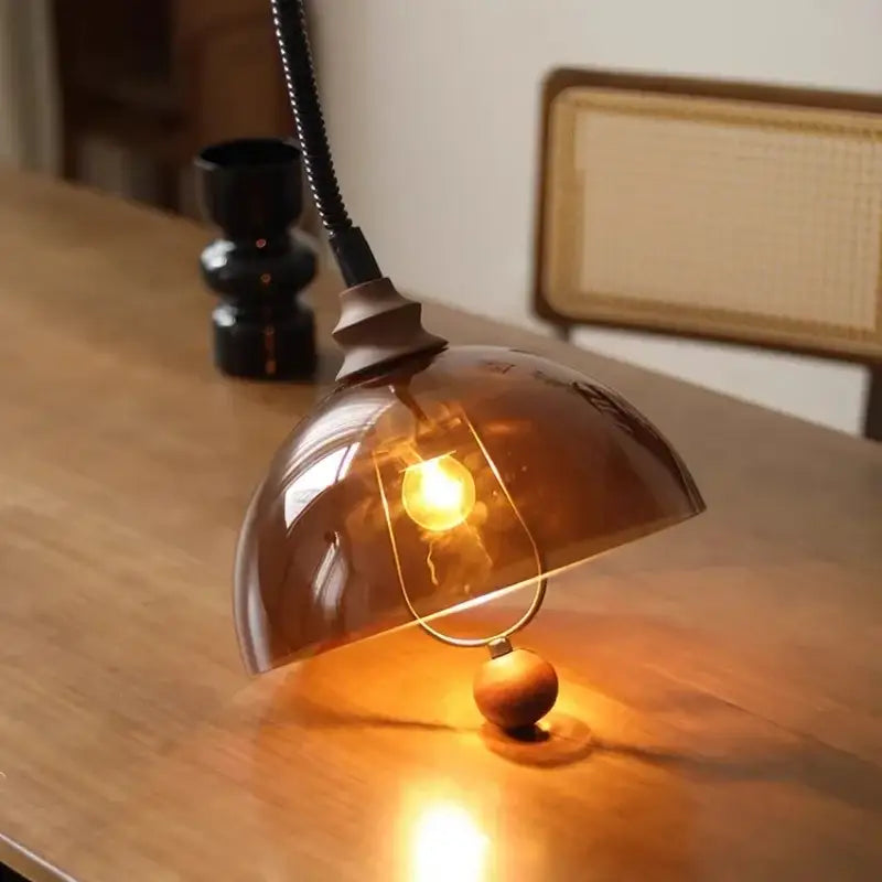 Retro amber glass pendant light dining room wooden accent