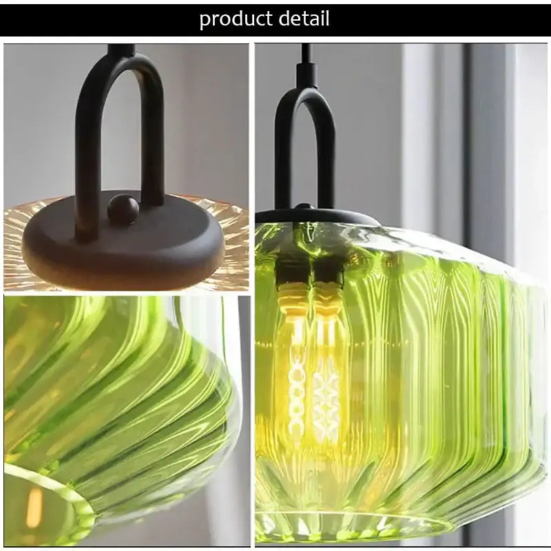 Retro amber & green ribbed glass dining chandelier for bedroom
