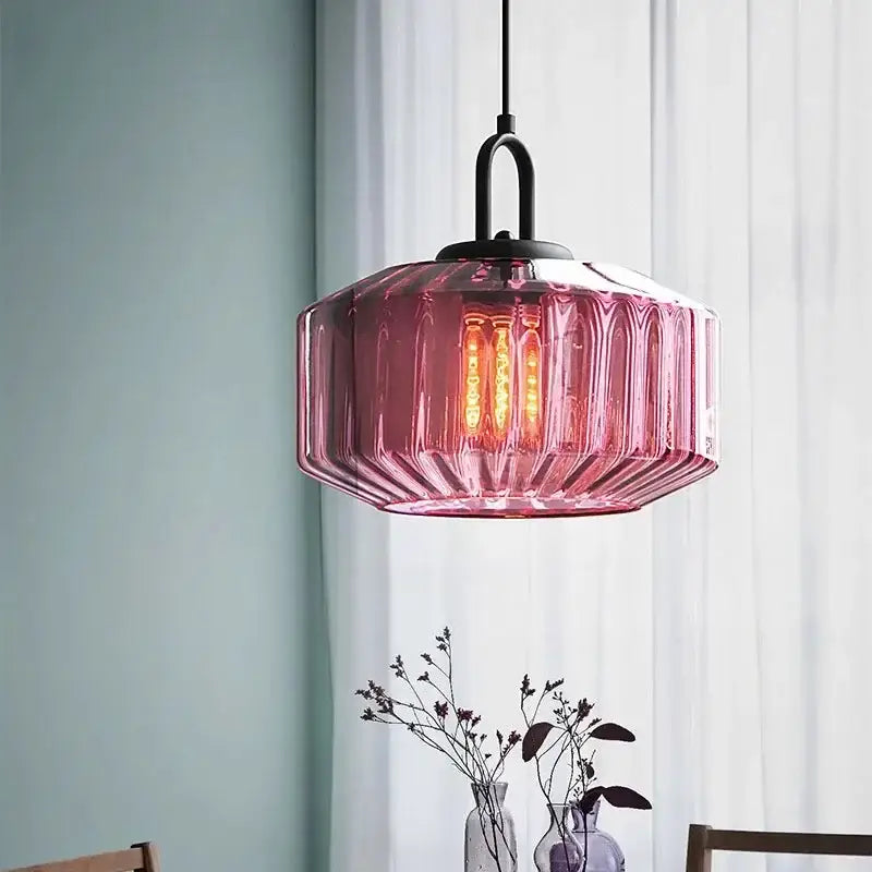 Retro amber & green ribbed glass dining chandelier for bedroom