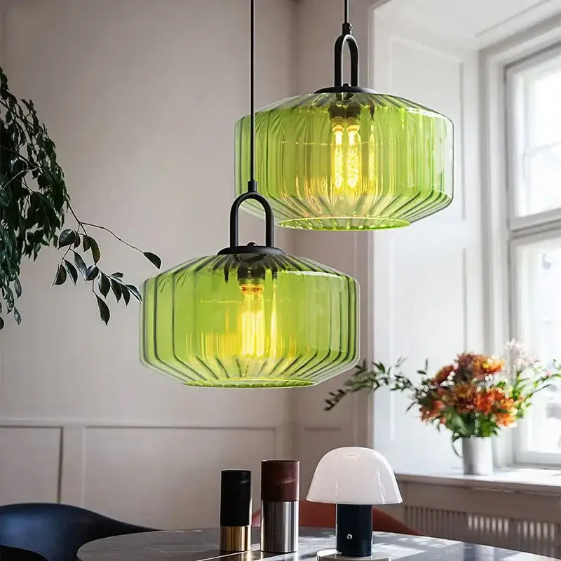 Retro amber & green ribbed glass dining chandelier for bedroom