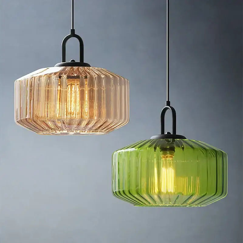 Retro amber & green ribbed glass dining chandelier for bedroom