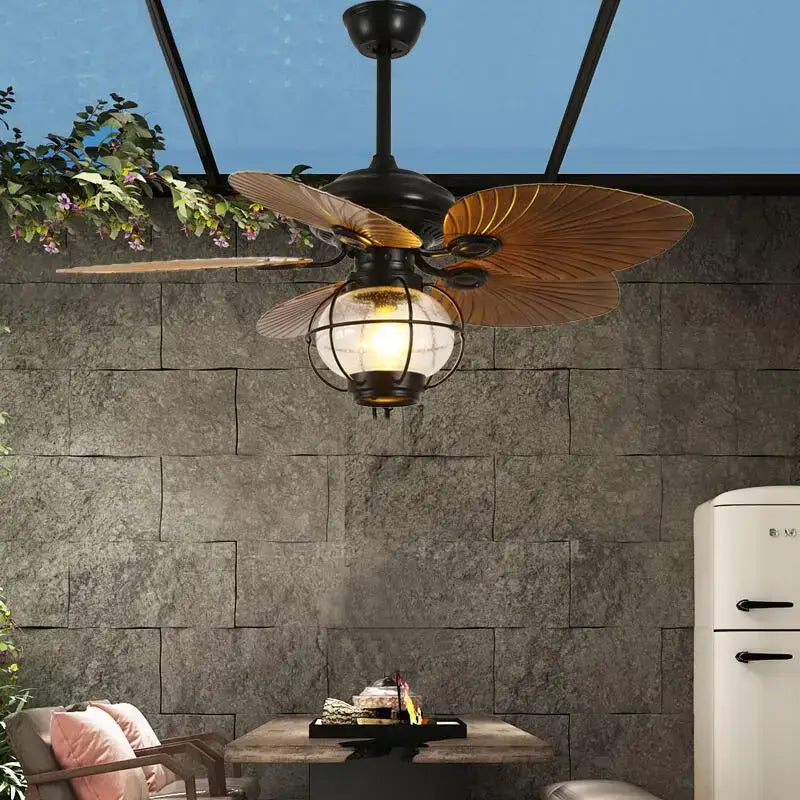 Retro black iron fan light with remote control for living room