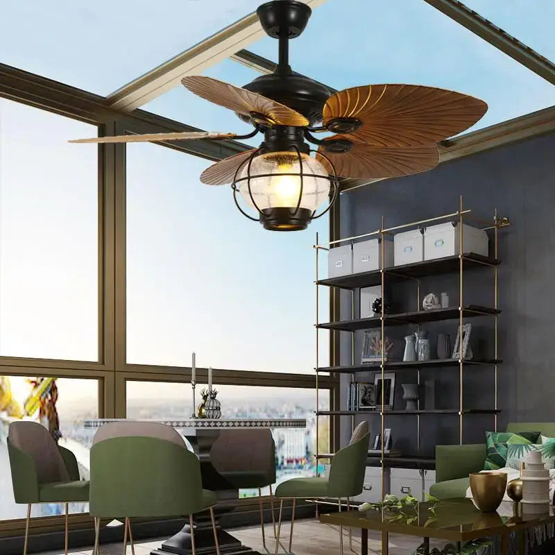 Retro black iron fan light with remote control for living room