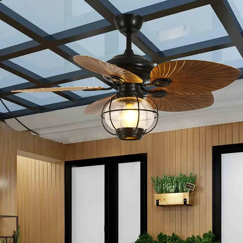 Retro black iron fan light with remote control for living room