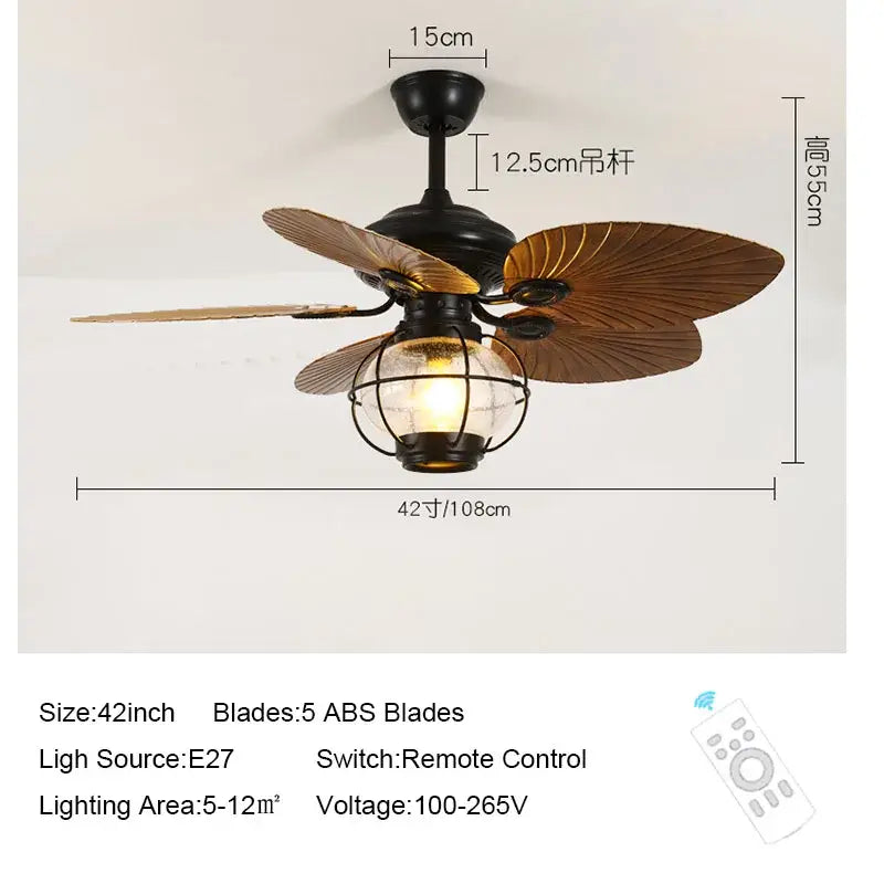 Retro black iron fan light with remote control for living room