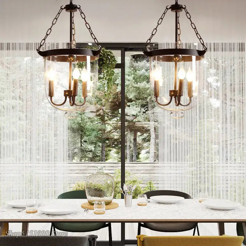 Retro black metal glass bucket pendant light dining room three bulb