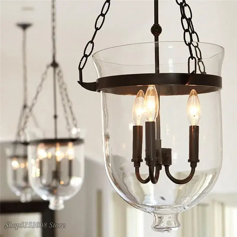 Retro black metal glass bucket pendant light dining room three bulb