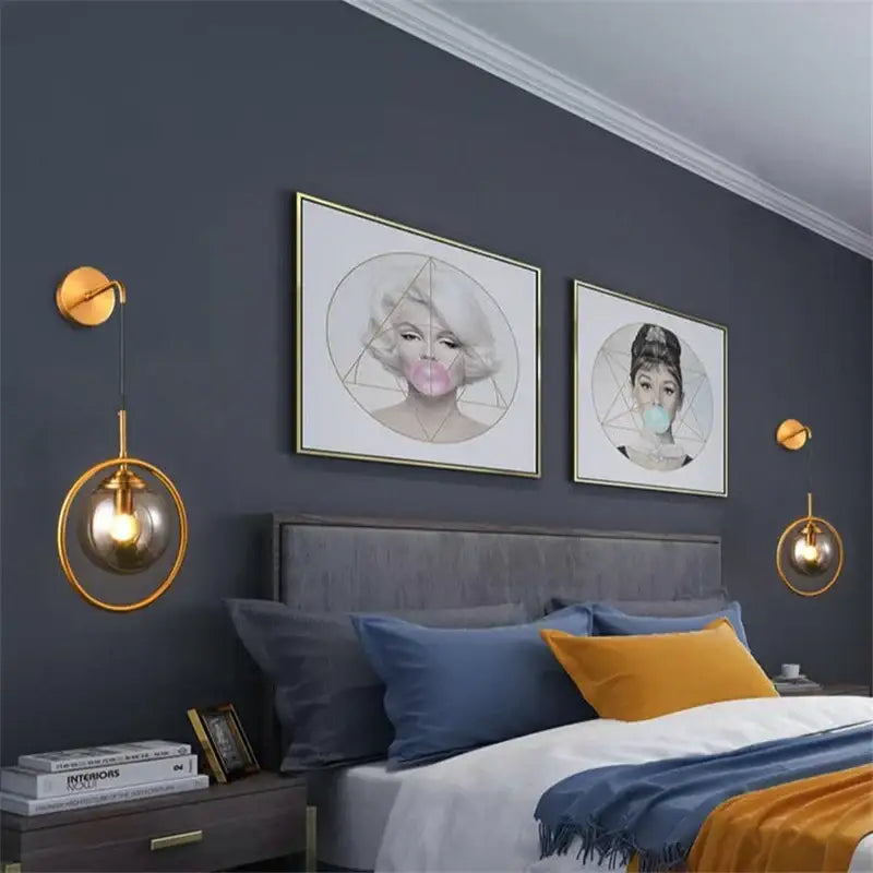 Retro brass and amber decorbites glass ball wall lamp bathroom sconce