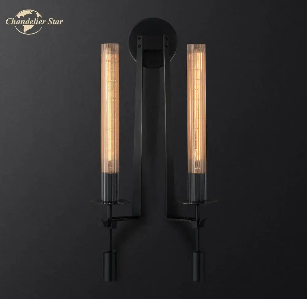 Retro brass glass double sconce wall light living room led fixture