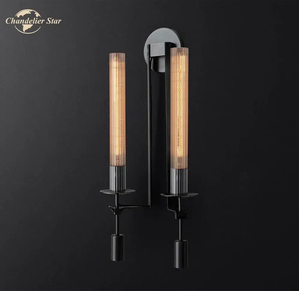 Retro brass glass double sconce wall light living room led fixture