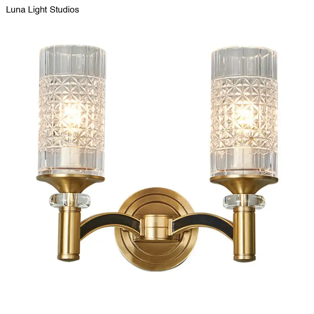Retro brass gridded crystal wall light living room sconce
