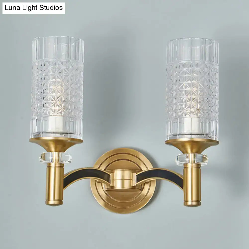 Retro brass gridded crystal wall light living room sconce