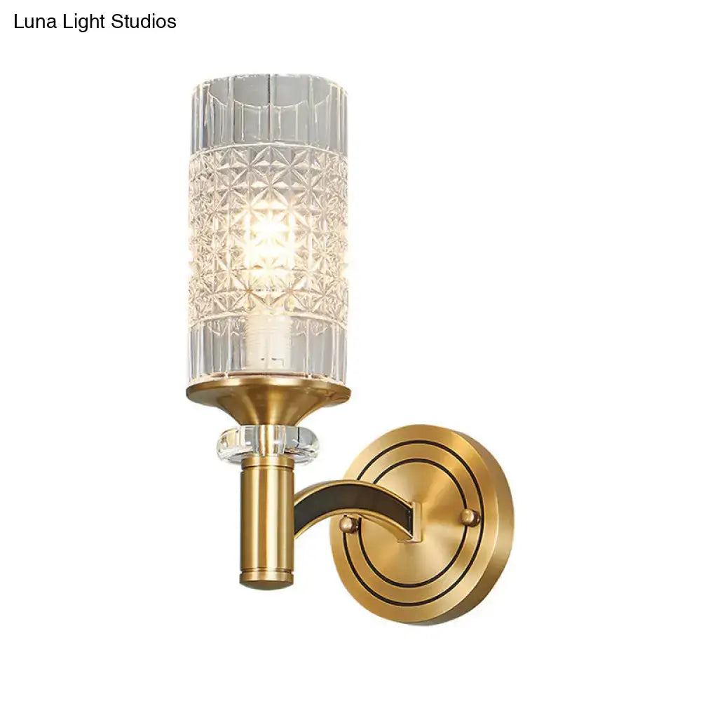 Retro brass gridded crystal wall light living room sconce