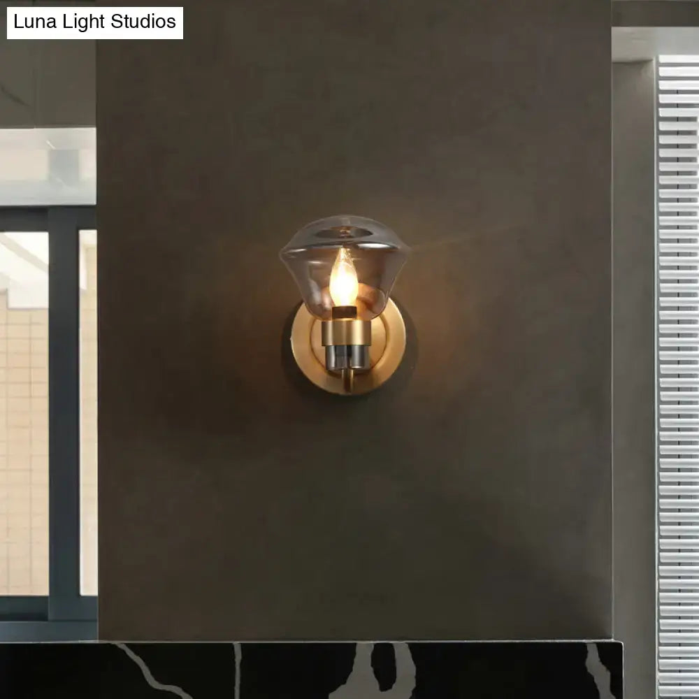 Retro brass smoke gray & amber glass wall light fixture bedroom sconce