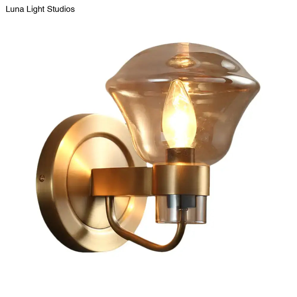 Retro brass smoke gray & amber glass wall light fixture bedroom sconce