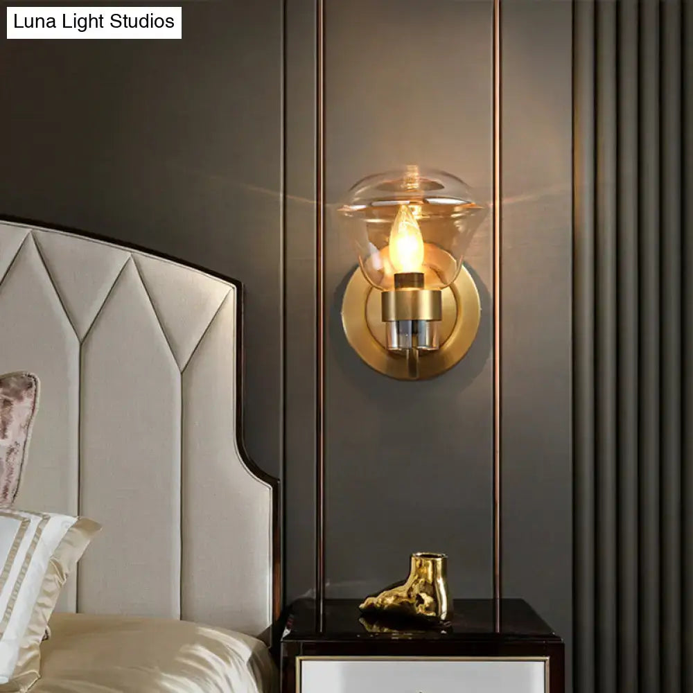 Retro brass smoke gray & amber glass wall light fixture bedroom sconce