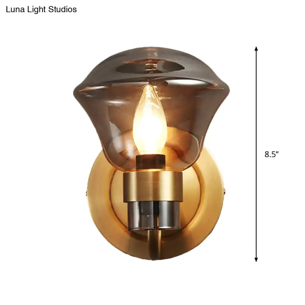 Retro brass smoke gray & amber glass wall light fixture bedroom sconce