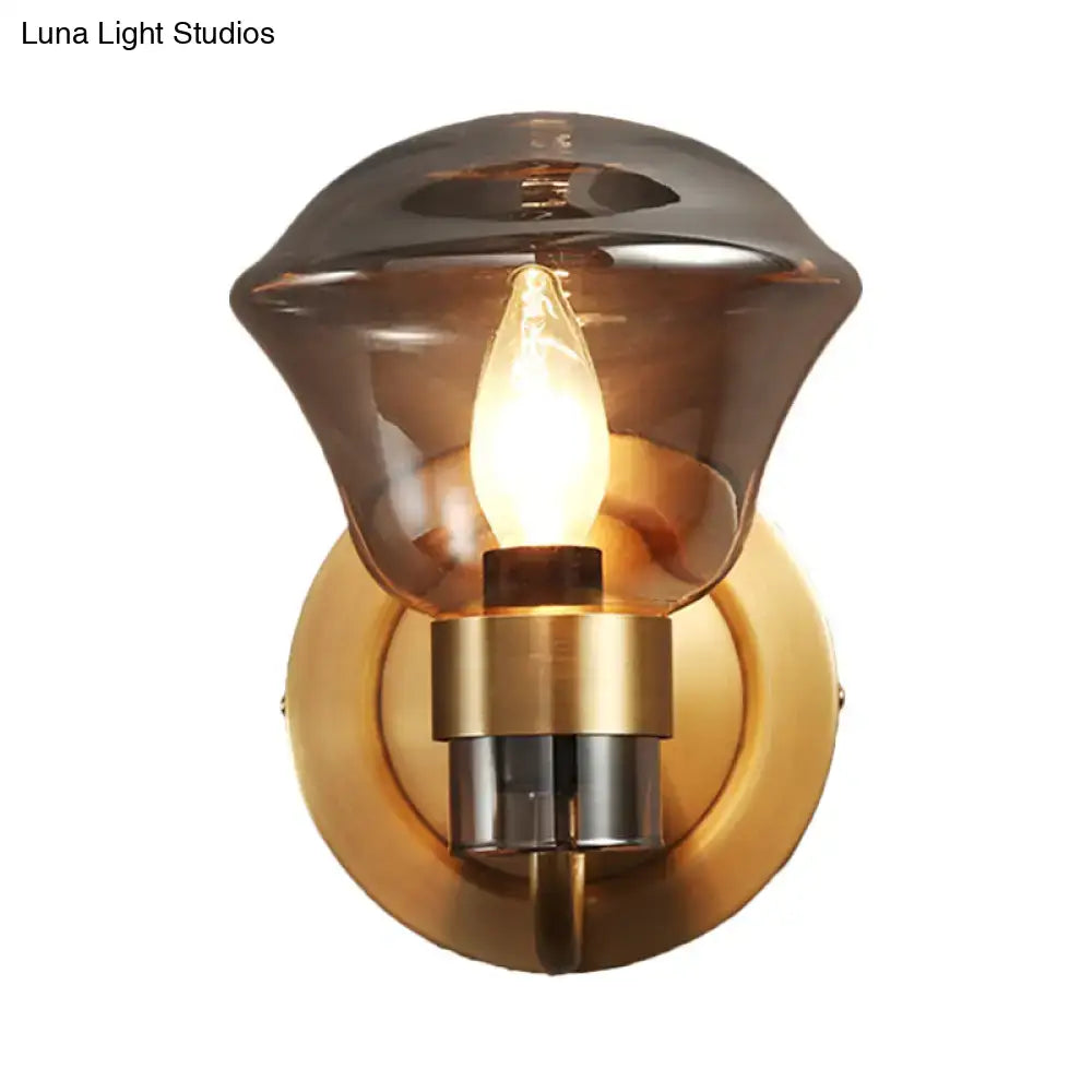 Retro brass smoke gray & amber glass wall light fixture bedroom sconce