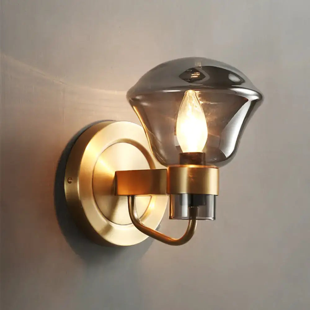 Retro brass smoke gray & amber glass wall light fixture bedroom sconce