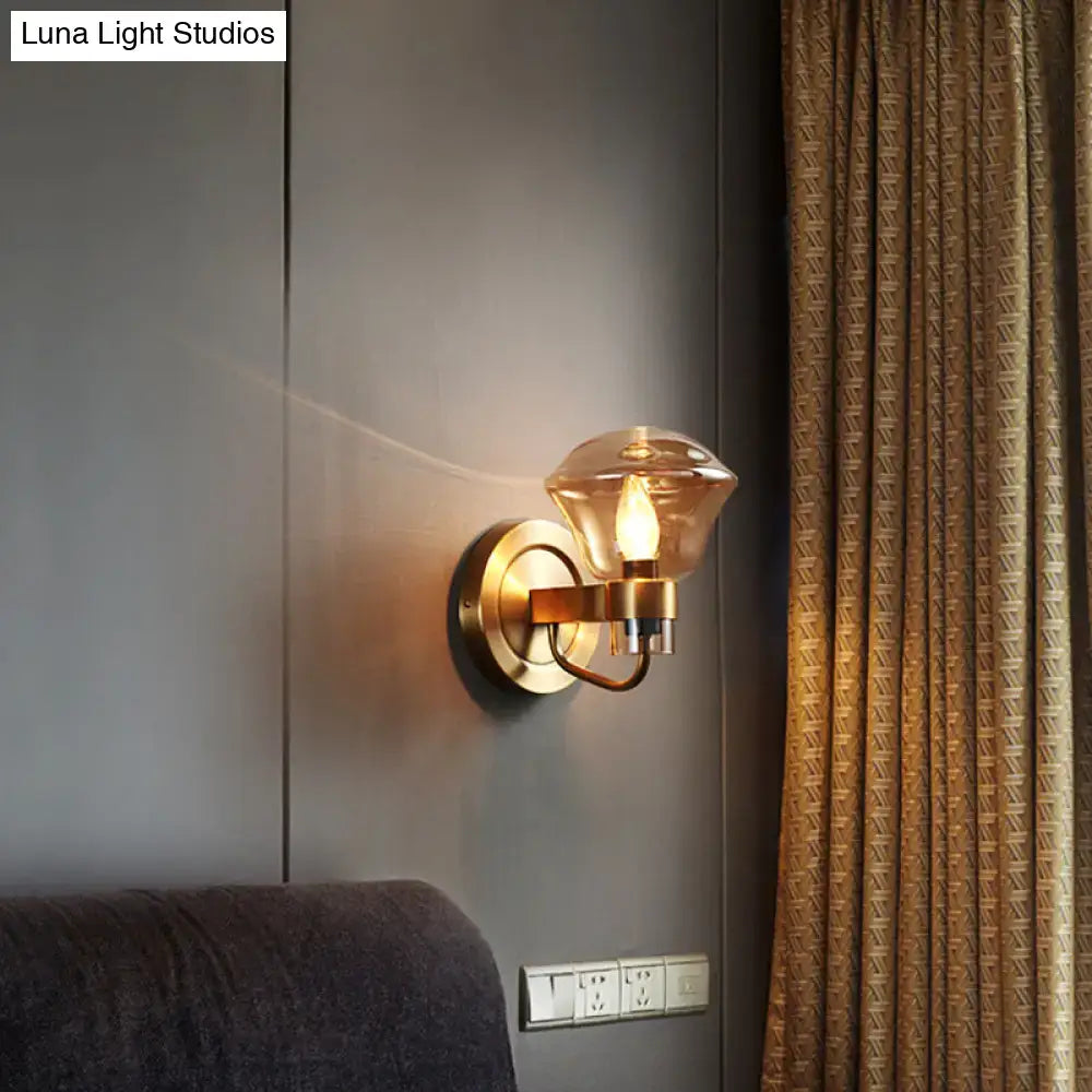 Retro brass smoke gray & amber glass wall light fixture bedroom sconce