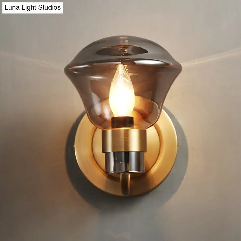 Retro brass smoke gray & amber glass wall light fixture bedroom sconce