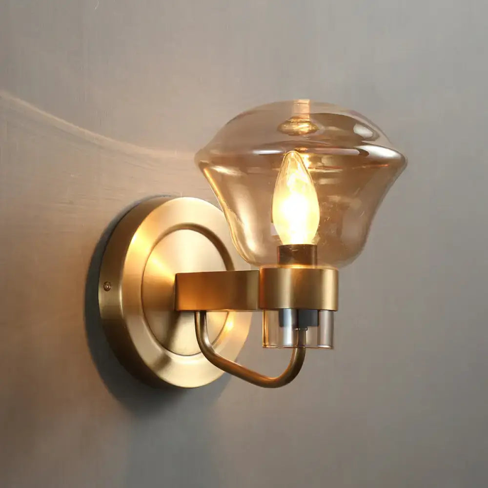 Retro brass smoke gray & amber glass wall light fixture bedroom sconce