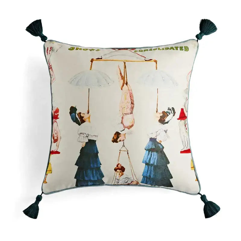 Retro circus cream pillow cover with tassels living room decor