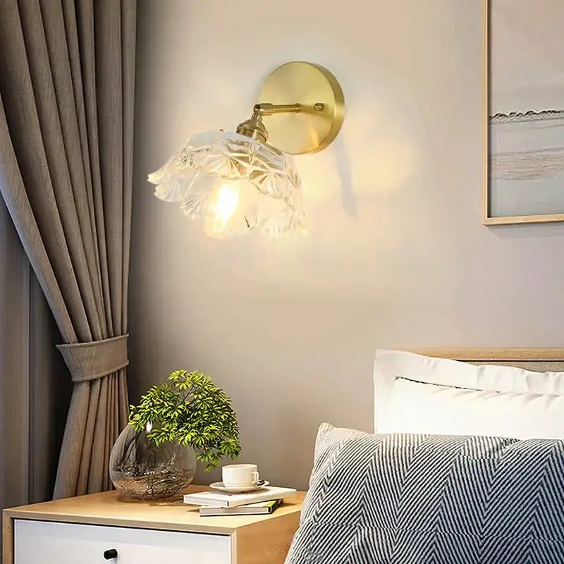 Retro copper flower brass wall sconce bedroom fluted glass light